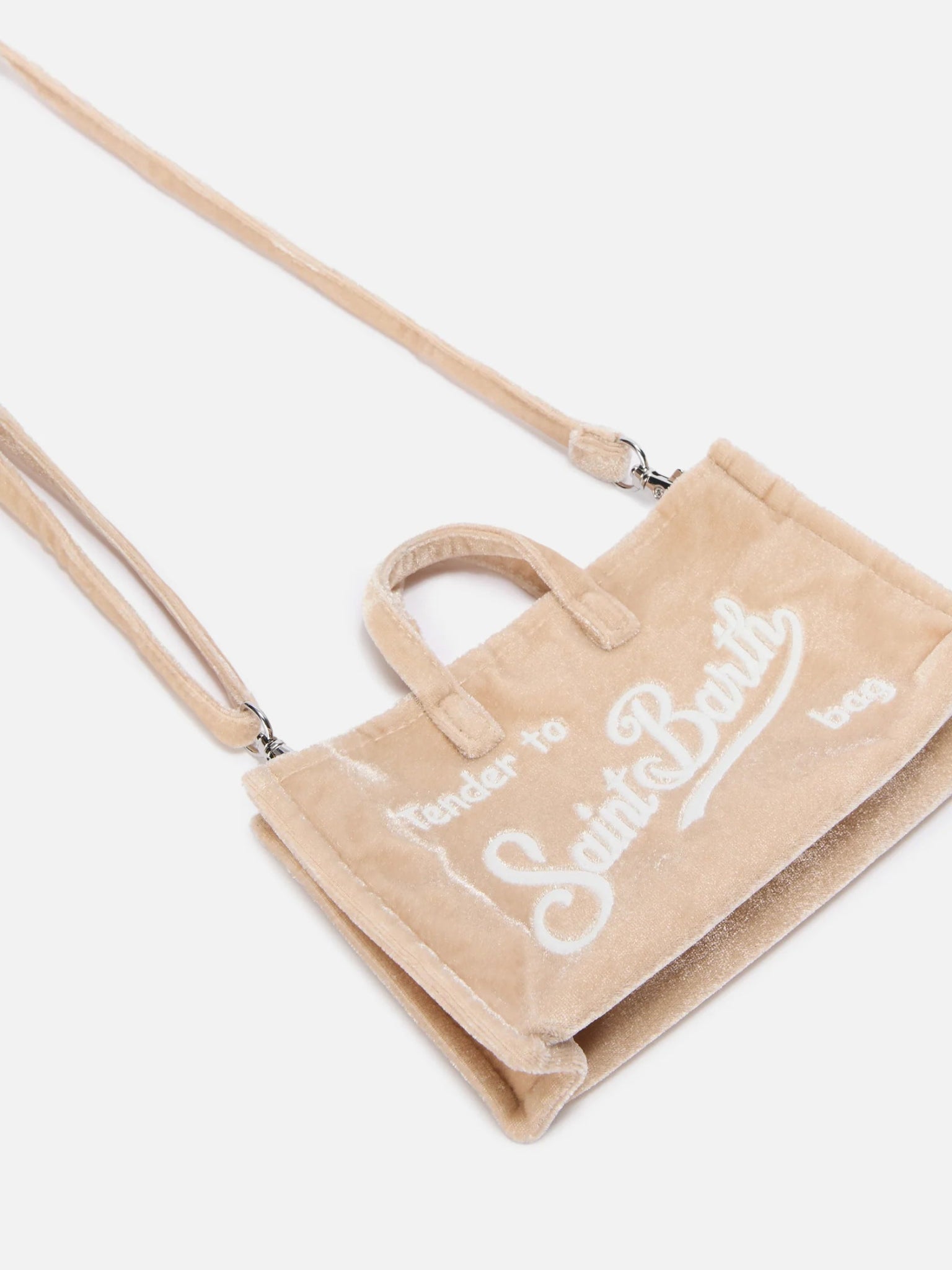 PHONE BAG BEIGE IN VELLUTO CON LOGO BIANCO MC2 SAINT BARTH - Angel Luxury