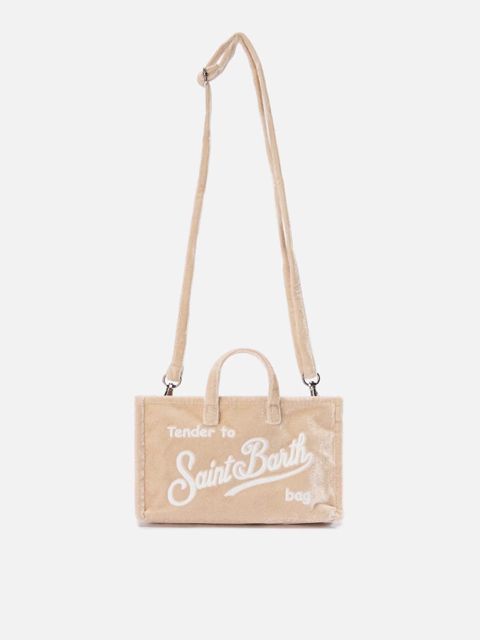 PHONE BAG BEIGE IN VELLUTO CON LOGO BIANCO MC2 SAINT BARTH - Angel Luxury