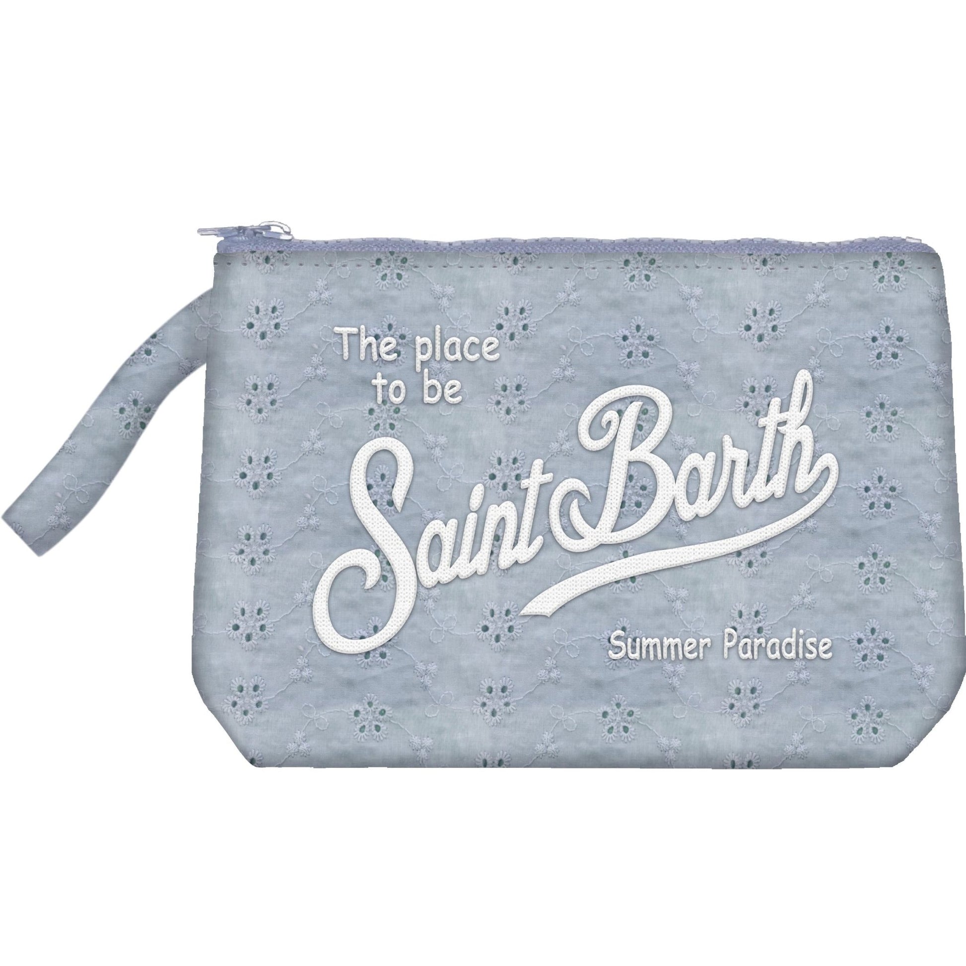 POCHETTE A MANO CELESTE IN PIZZO SANGALLO LOGO BIANCO MC2 SAINT BARTH - Angel Luxury