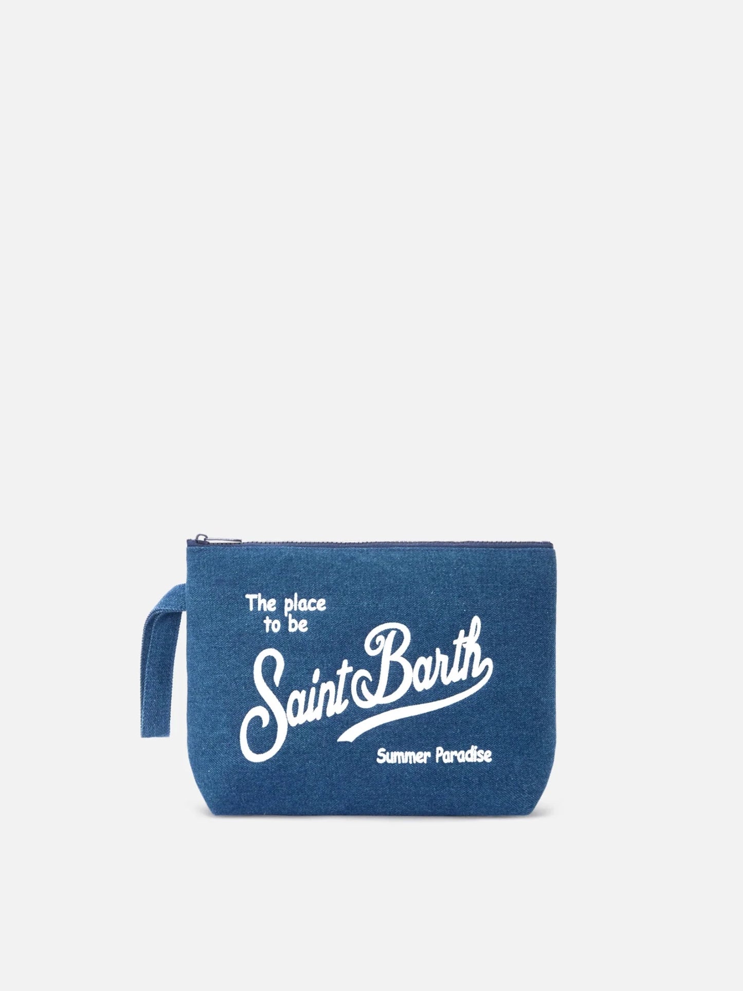 POCHETTE A MANO IN LINO BLU CON LOGO BIANCO MC2 SAINT BARTH - Angel Luxury