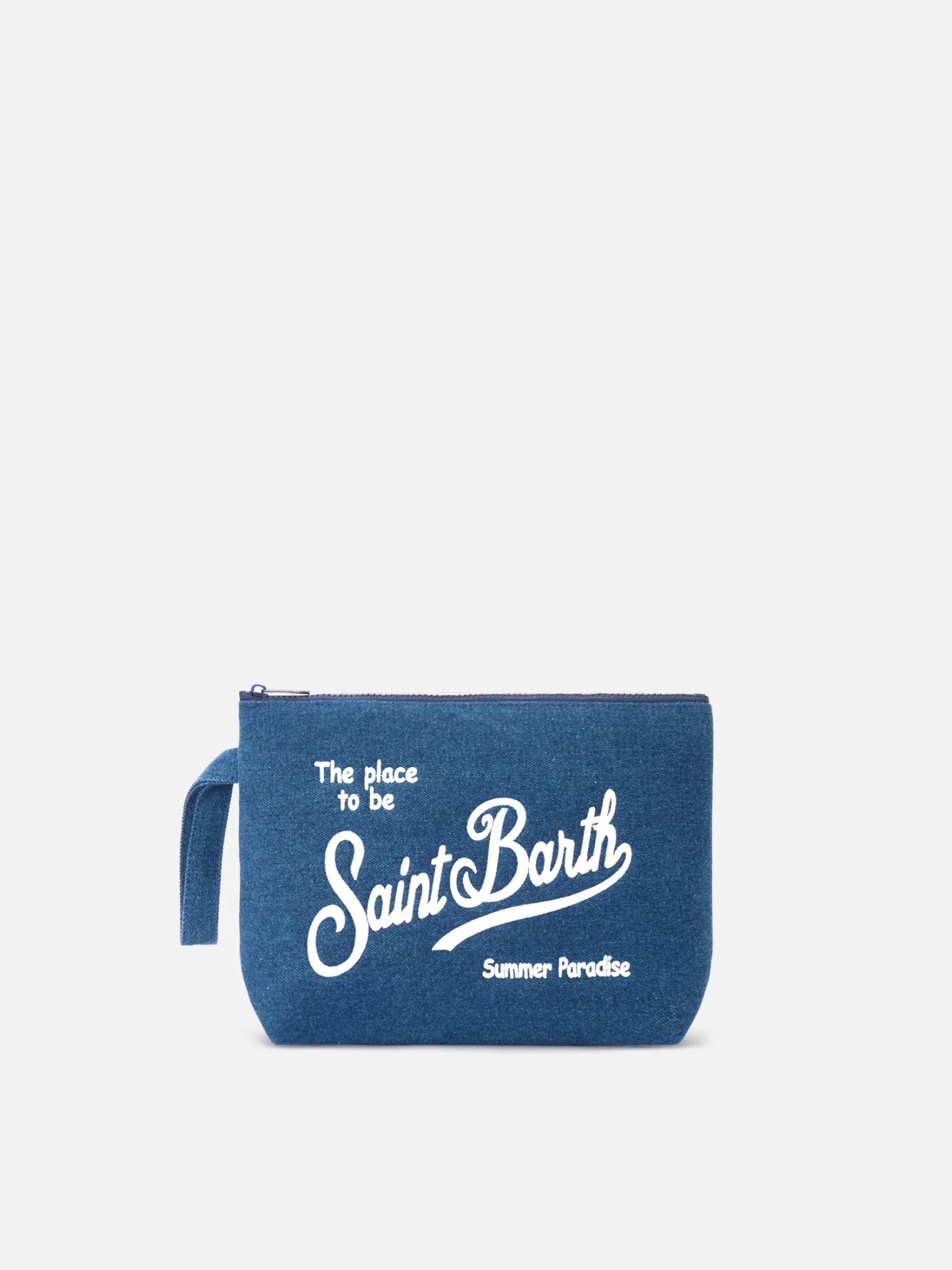 POCHETTE A MANO IN LINO BLU CON LOGO BIANCO MC2 SAINT BARTH - Angel Luxury