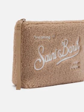 POCHETTE BEIGE IN TEDDY CON LOGO BIANCO MC2 SAINT BARTH - Angel Luxury