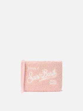 POCHETTE IN TEDDY ROSA CON LOGO BIANCO MC2 SAINT BARTH - Angel Luxury