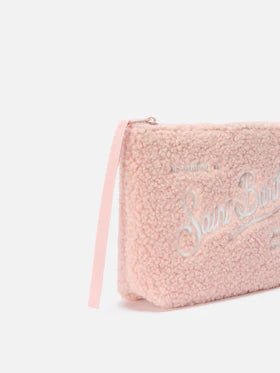 POCHETTE IN TEDDY ROSA CON LOGO BIANCO MC2 SAINT BARTH - Angel Luxury