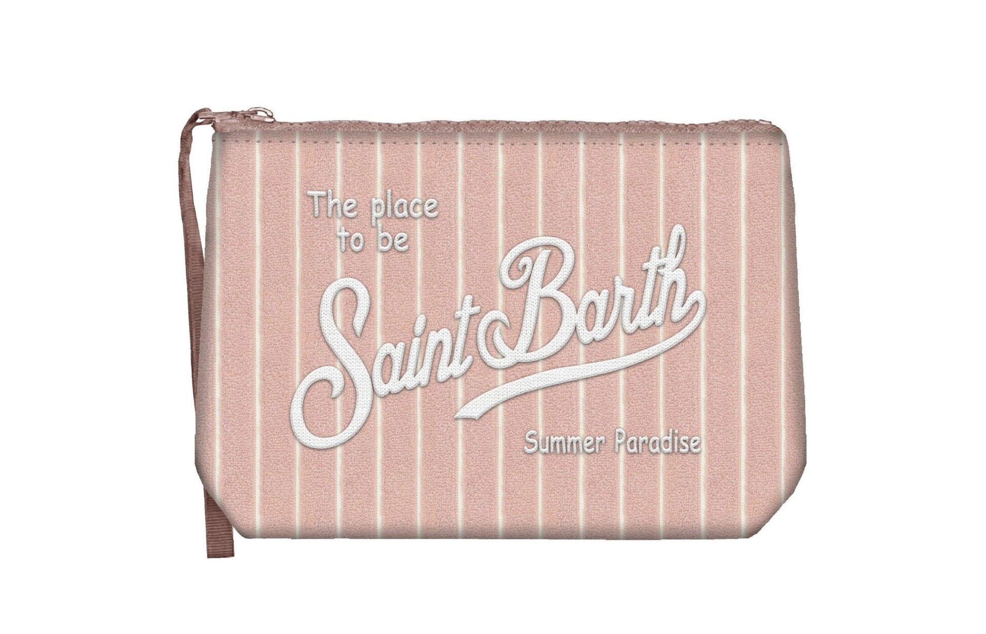 POCHETTE MC2 SAINT BARTH IN SPUGNA ROSA CIPRIA CON RIGHE BIANCHE E LOGO BIANCO - Angel Luxury