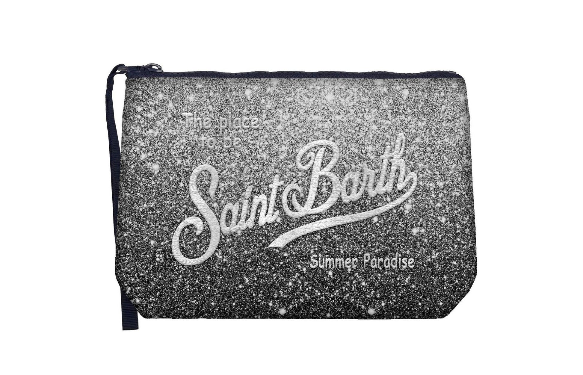 POCHETTE NERA GLITTERATA CON LOGO ARGENTO MC2 SAINT BARTH - Angel Luxury