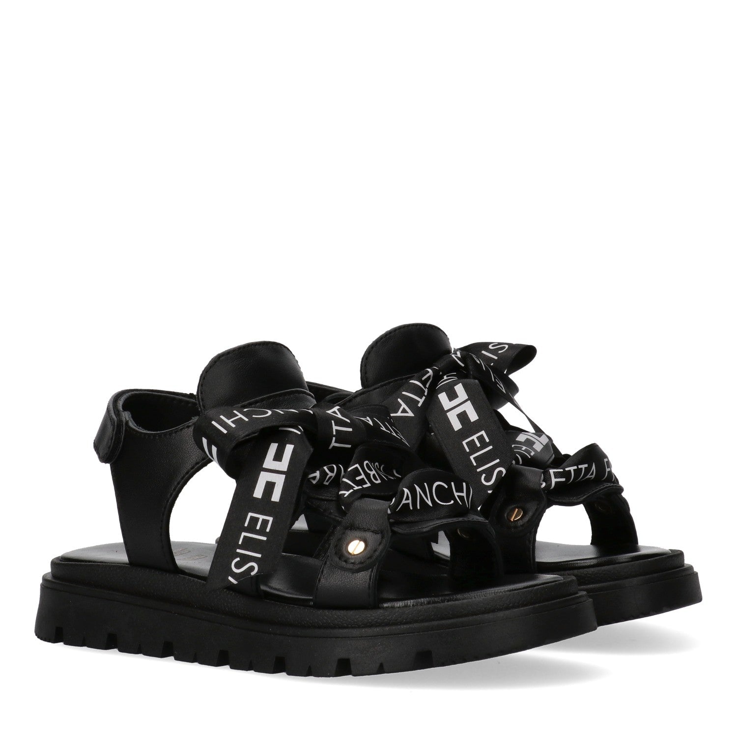 SANDALO CON LACCI IN RASO NERO CON LOGO BIANCO ELISABETTA FRANCHI - Angel Luxury