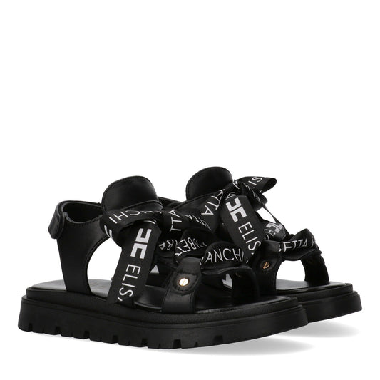 SANDALO CON LACCI IN RASO NERO CON LOGO BIANCO ELISABETTA FRANCHI - Angel Luxury