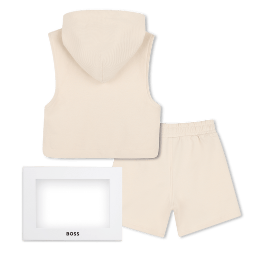 SET DI T - SHIRT+FELPA+BERMUDA BEIGE CON LOGO GOMMATO BIANCO BOSS - Angel Luxury