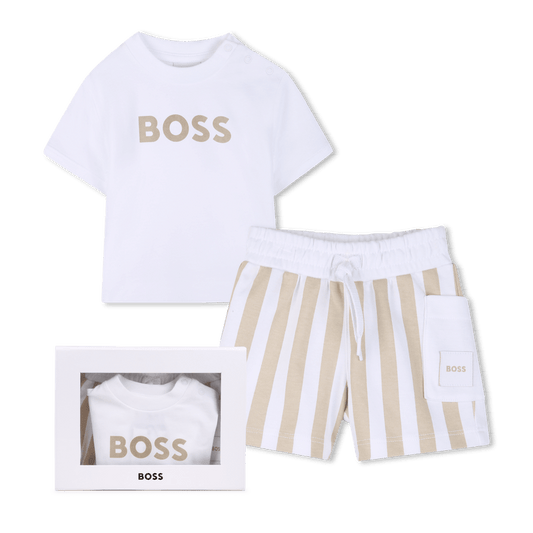 SET T - SHIRT + BERMUDA A RIGHE BIANCO E BEIGE BOSS - Angel Luxury
