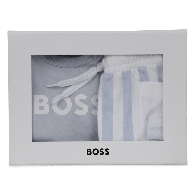 SET T - SHIRT E BERMUDA A RIGHE BIANCO E AZZURO CON LOGO BIANCO BOSS - Angel Luxury
