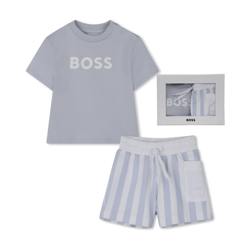 SET T - SHIRT E BERMUDA A RIGHE BIANCO E AZZURO CON LOGO BIANCO BOSS - Angel Luxury