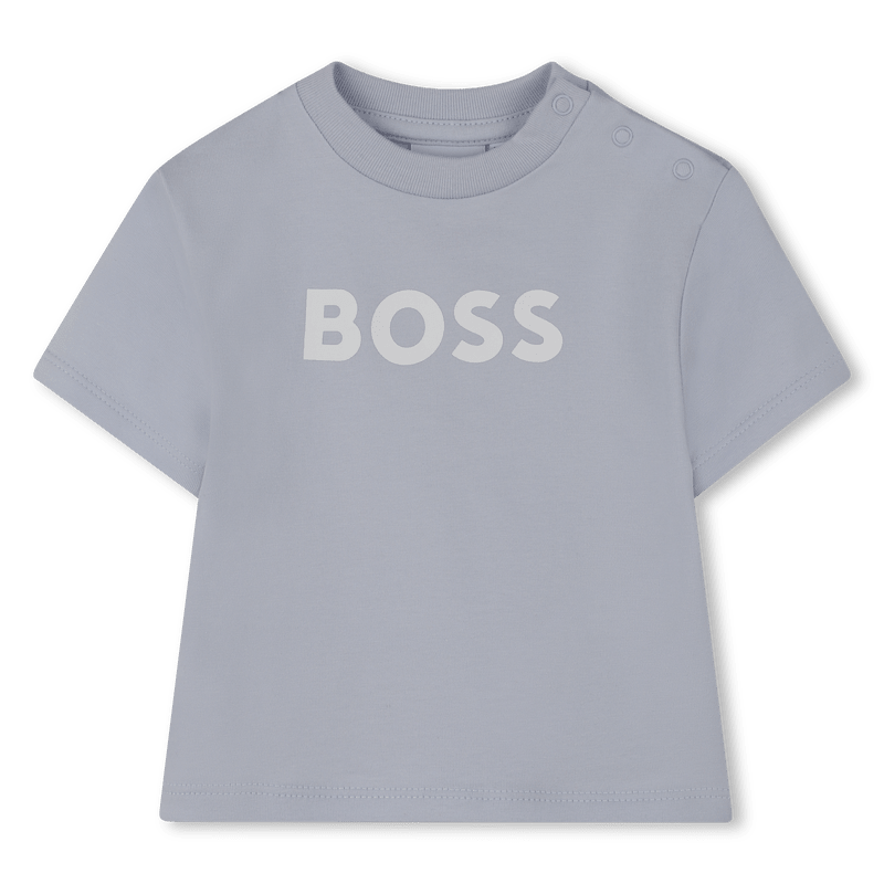 SET T - SHIRT E BERMUDA A RIGHE BIANCO E AZZURO CON LOGO BIANCO BOSS - Angel Luxury