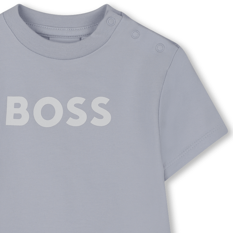 SET T - SHIRT E BERMUDA A RIGHE BIANCO E AZZURO CON LOGO BIANCO BOSS - Angel Luxury