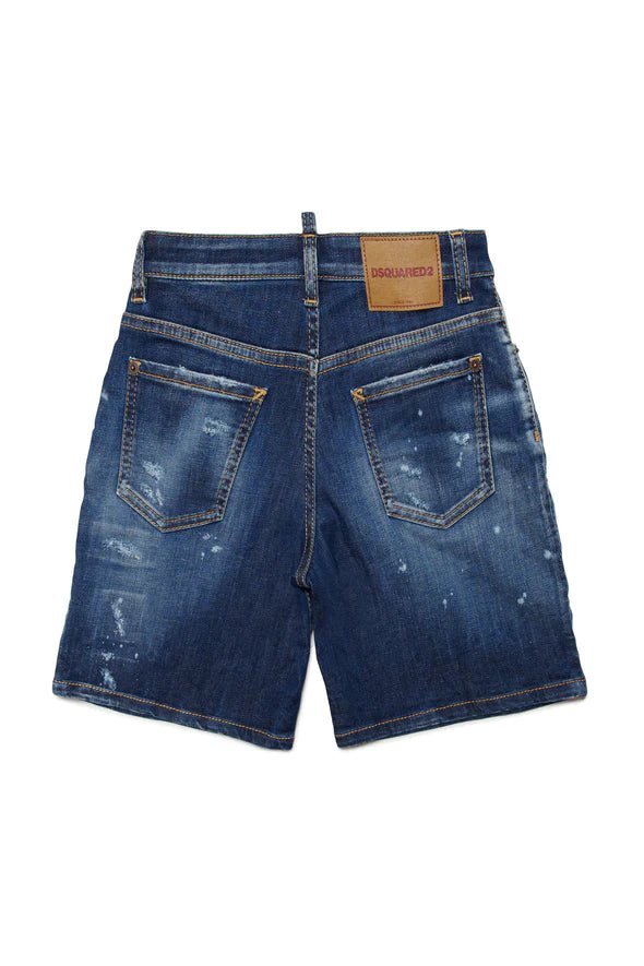 SHORTS IN DENIM SCURO CON MACCHIE E ROTTURE - Angel Luxury