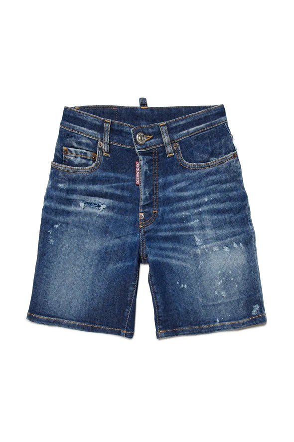 SHORTS IN DENIM SCURO CON MACCHIE E ROTTURE - Angel Luxury