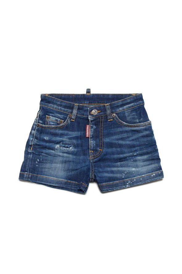 SHORTS IN DENIM SCURO CON MACCHIE E ROTTURE DSQUARED2 - Angel Luxury