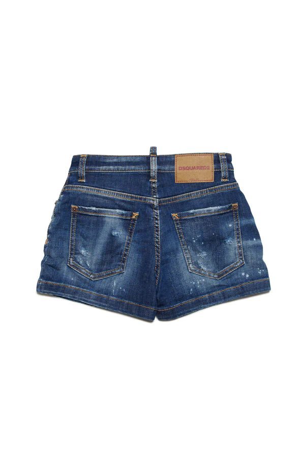 SHORTS IN DENIM SCURO CON MACCHIE E ROTTURE DSQUARED2 - Angel Luxury