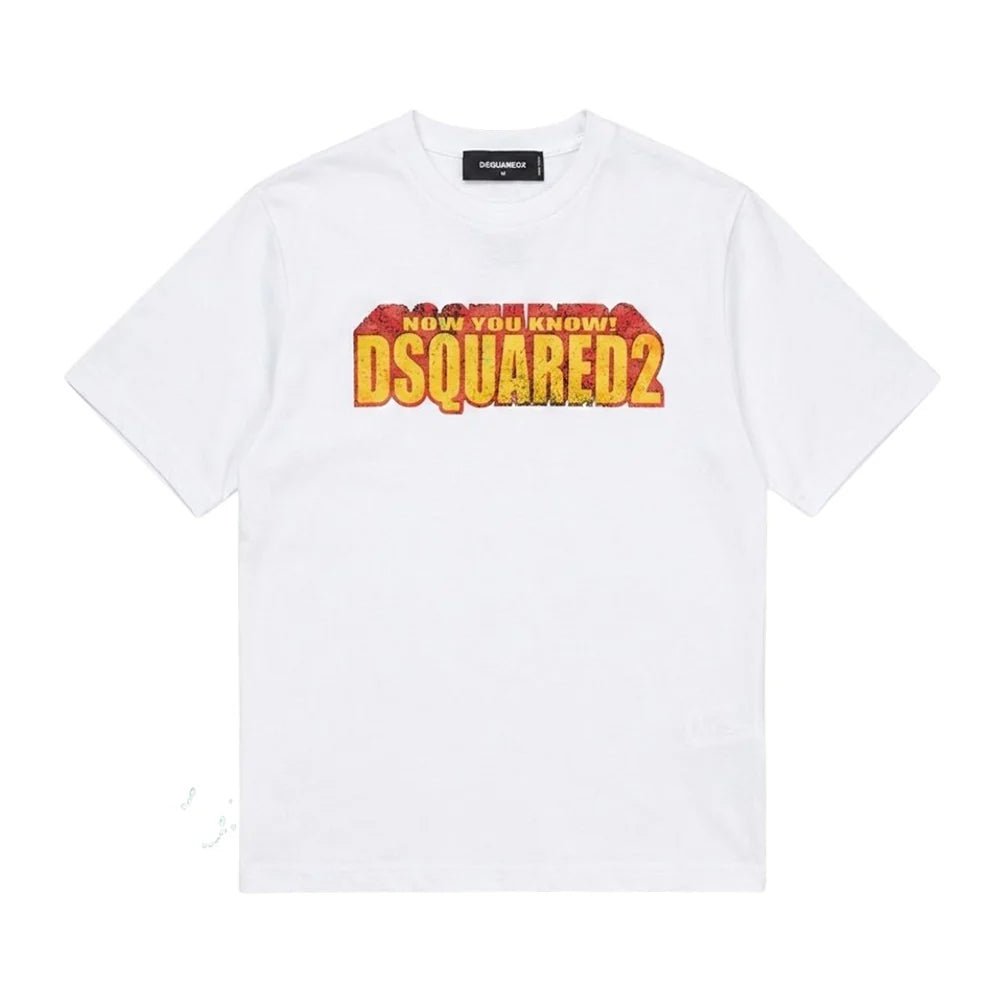 T - SHIRT BIANCA CON LOGO GIALLO E ROSSO DSQ2 - Angel Luxury