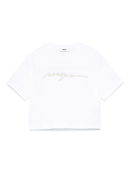 T - SHIRT BIANCA CON LOGO IN PERLINE MSGM - Angel Luxury