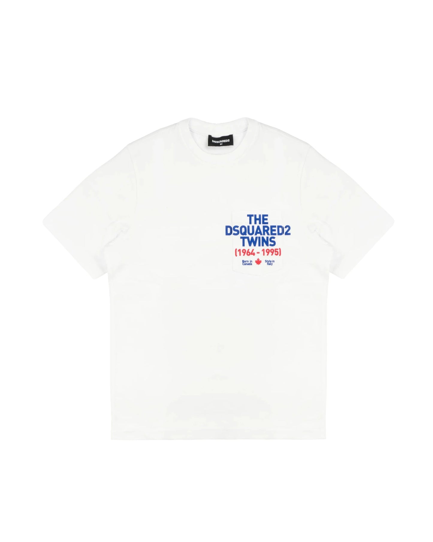 T - SHIRT BIANCA CON TASCHINO SUL DAVANTI E LOGO ROSSO E BLU DSQUARED2 - Angel Luxury