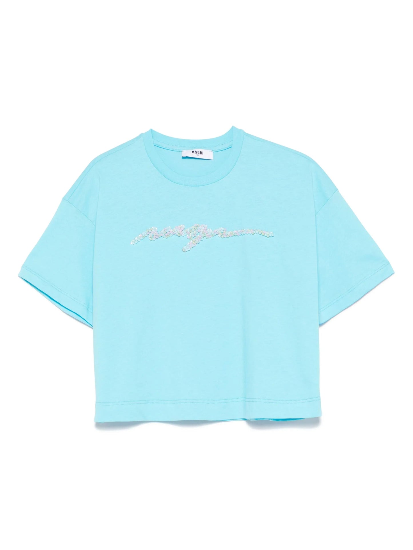 T - SHIRT CELESTE CON LOGO IN PERLINE MSGM - Angel Luxury