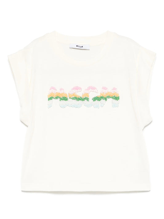 T - SHIRT CREMA CON LOGO IN PERLINE MSGM - Angel Luxury