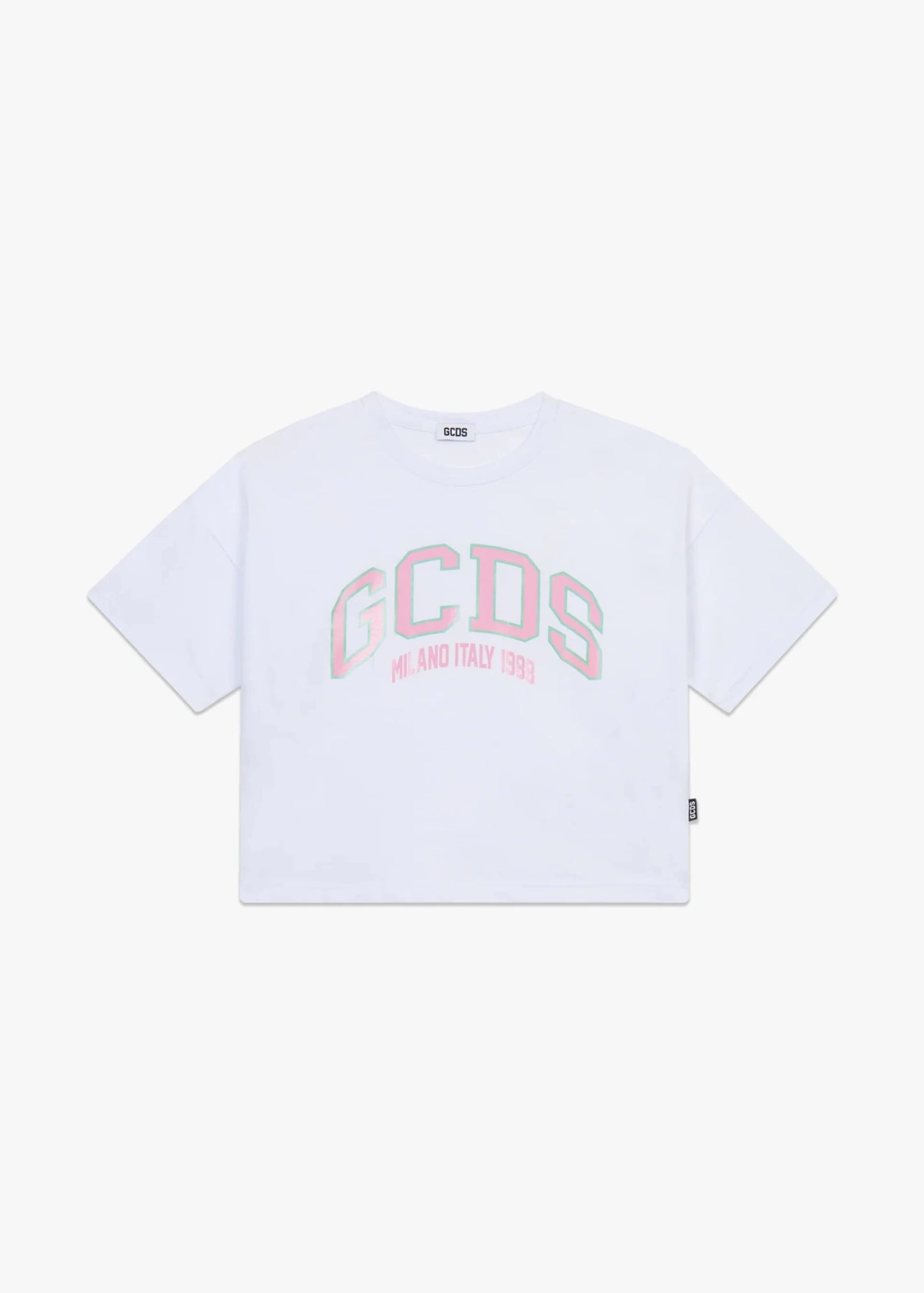 T - SHIRT CROPPED BIANCA CON LOGO ROSA GCDS - Angel Luxury