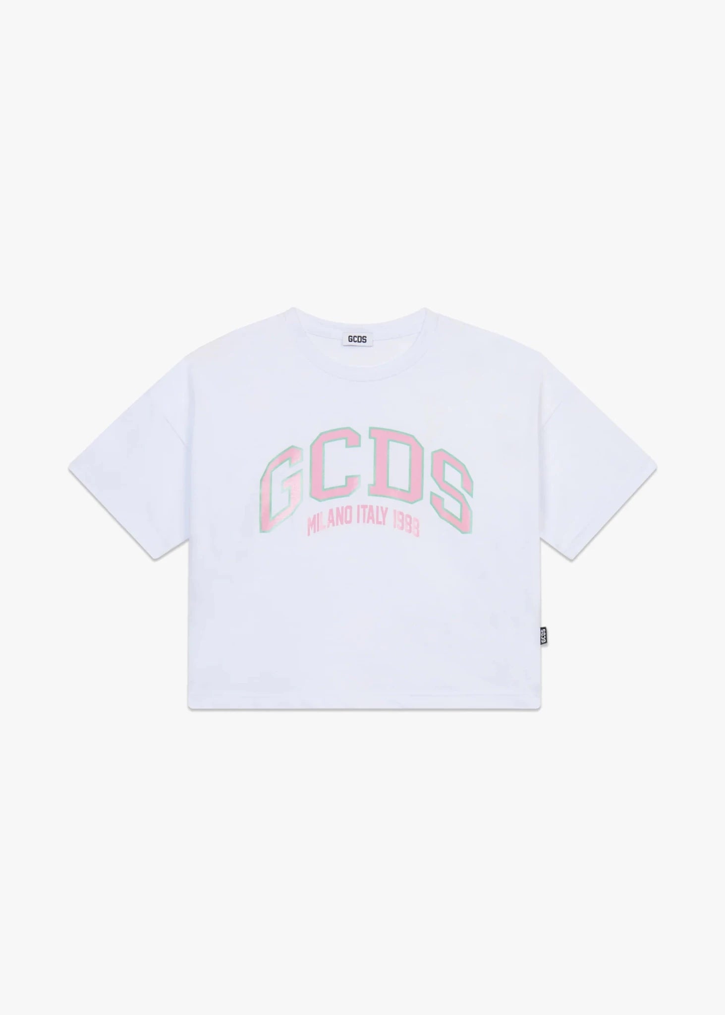 T - SHIRT CROPPED BIANCA CON LOGO ROSA GCDS - Angel Luxury