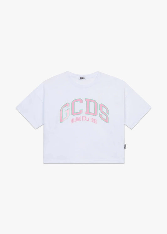 T - SHIRT CROPPED BIANCA CON LOGO ROSA GCDS - Angel Luxury