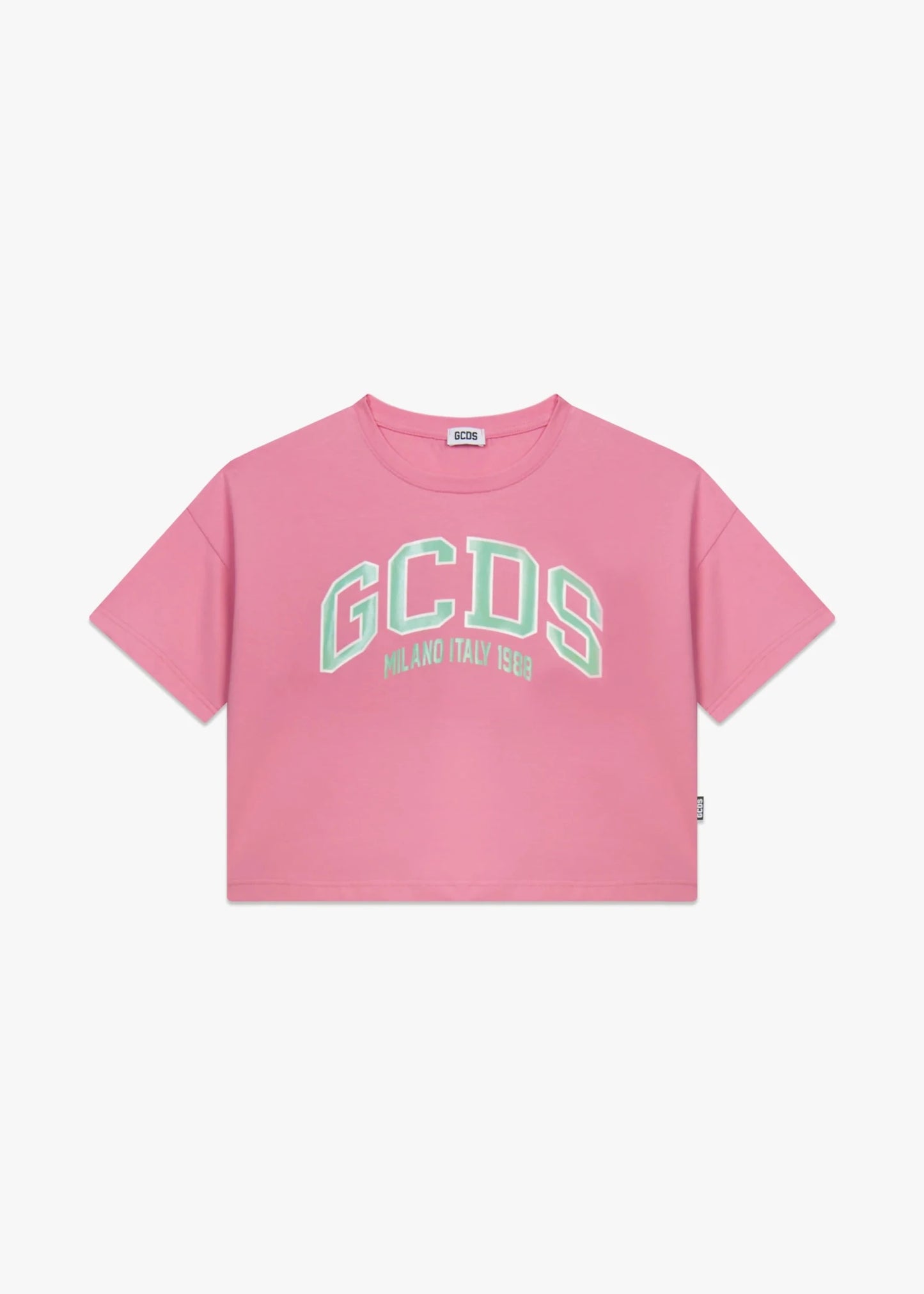 T - SHIRT CROPPED ROSA CON LOGO VERDE GCDS - Angel Luxury