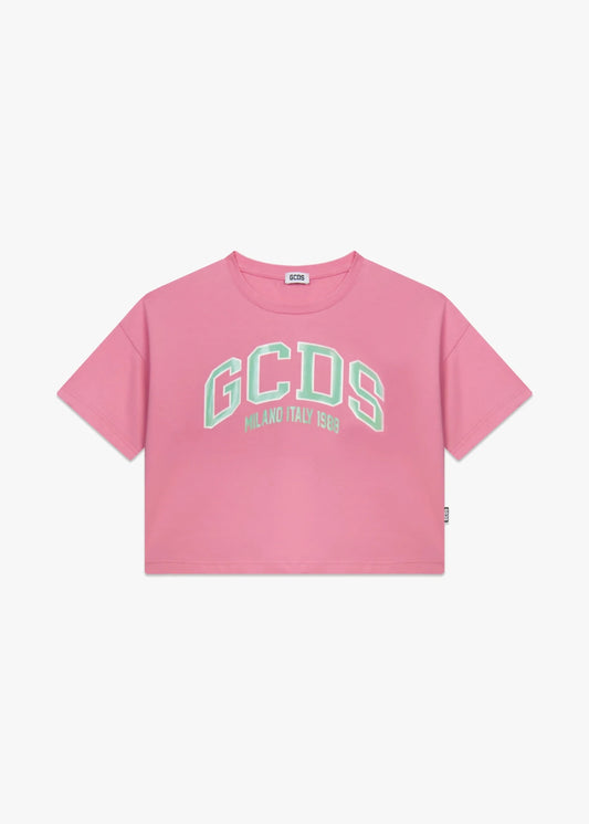 T - SHIRT CROPPED ROSA CON LOGO VERDE GCDS - Angel Luxury