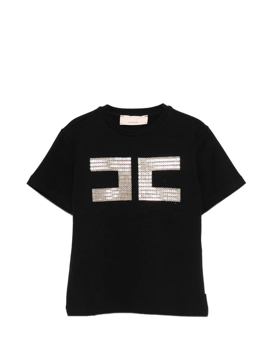 T - SHIRT NERA CON LOGO IN PAILLETTES ORO ELISABETTA FRANCHI - Angel Luxury