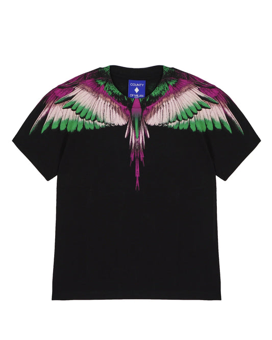 T - SHIRT NERA CON STRAMPA ALI MULTICOLOR MARCELO BURLON - Angel Luxury