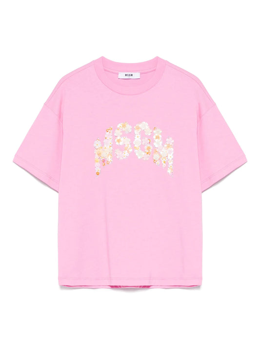 T - SHIRT ROSA CON LOGO IN FIORI MSGM - Angel Luxury
