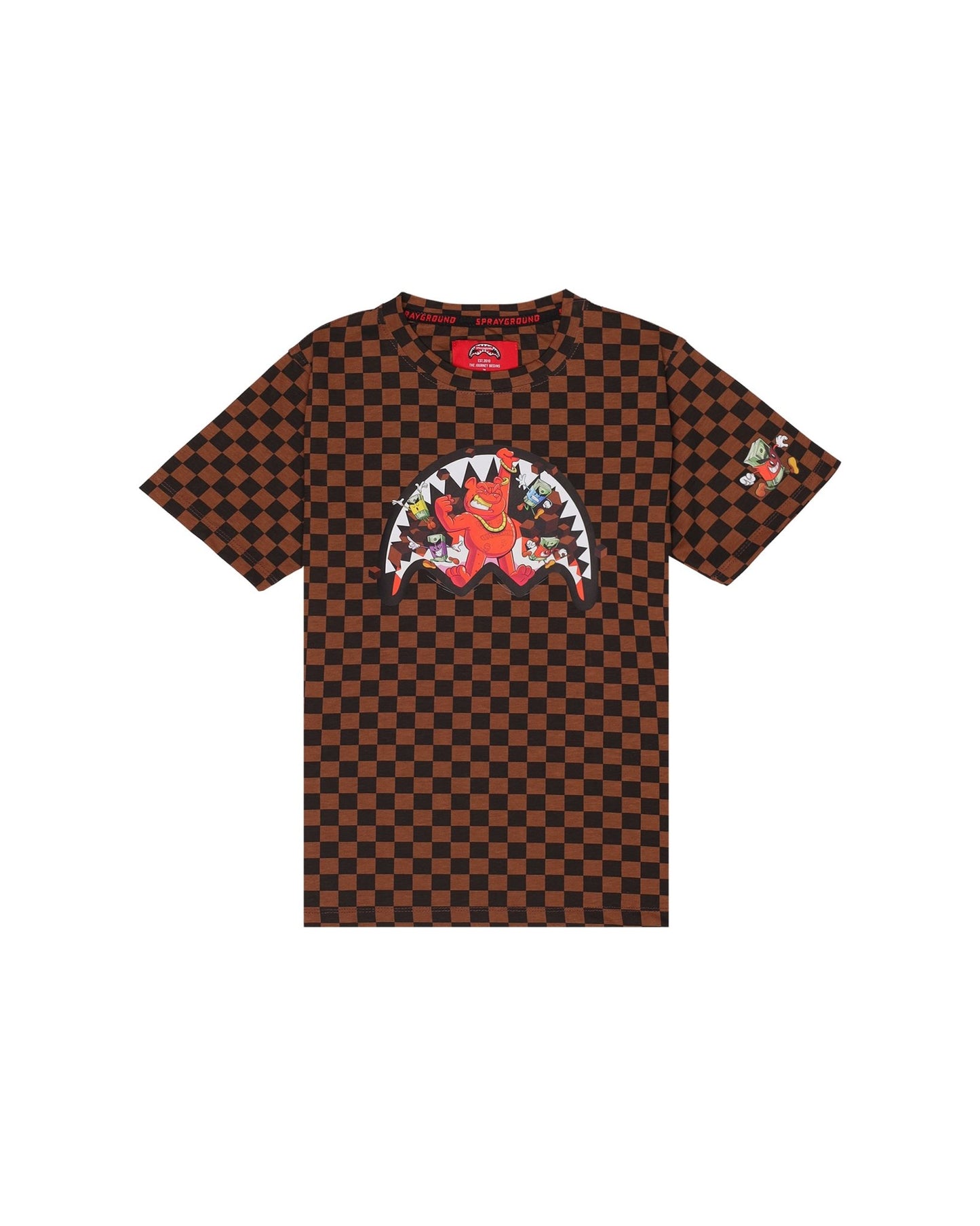 T - SHIRT SPRAYGROUND A SCACCHI MARRONI CON ORSO ROSSO - Angel Luxury